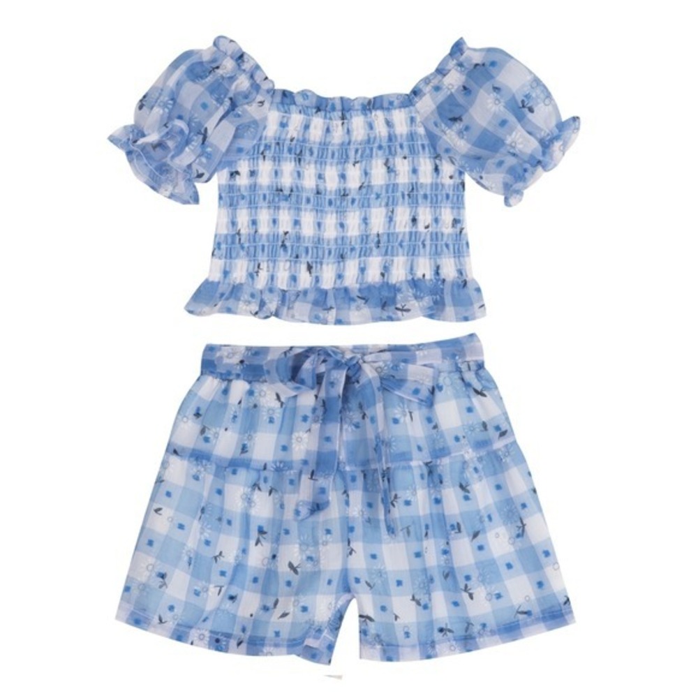 Rare Editions‎ Baby Girls Gingham Daisy Top and Shorts, 2 Piece Set - Blue - 12M